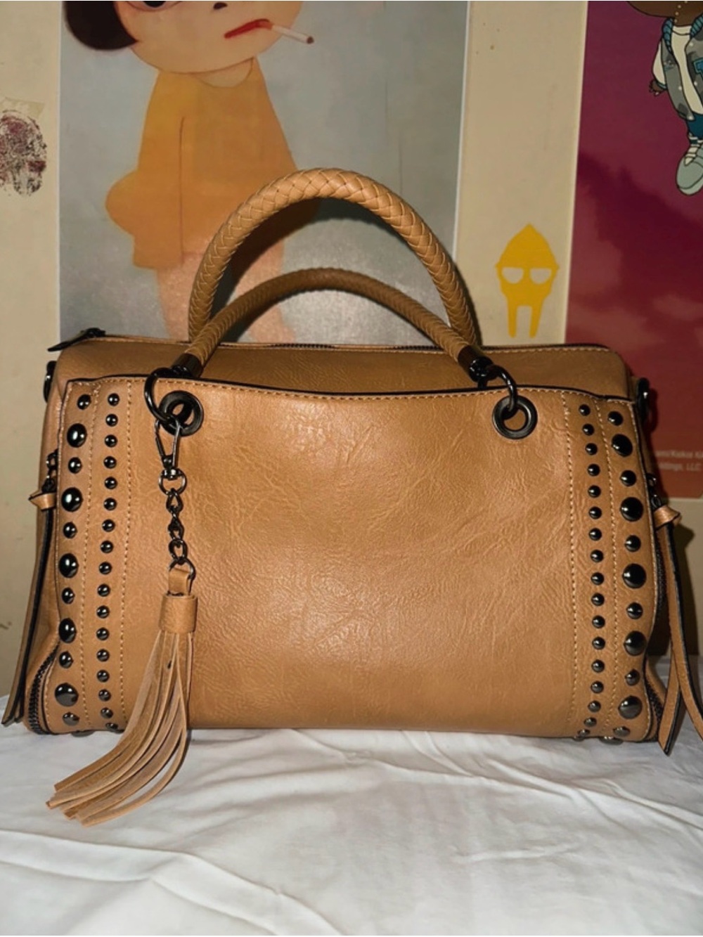 Tan Studded Tassel Crossbody Satchel Handbag